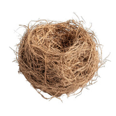 Obraz premium A round bird's nest, composed of interwoven, light brown strands, centered against a black background. The nest's interior shows a slightly hollowed space