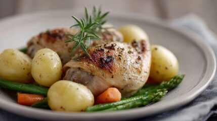 Succulent herb-infused chicken with golden new potatoes, evoking rustic harvest feasts and cozy autumnal gatherings, Thanksgiving essence