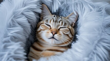 Cute tabby cat sleeping peacefully in fluffy white blanket