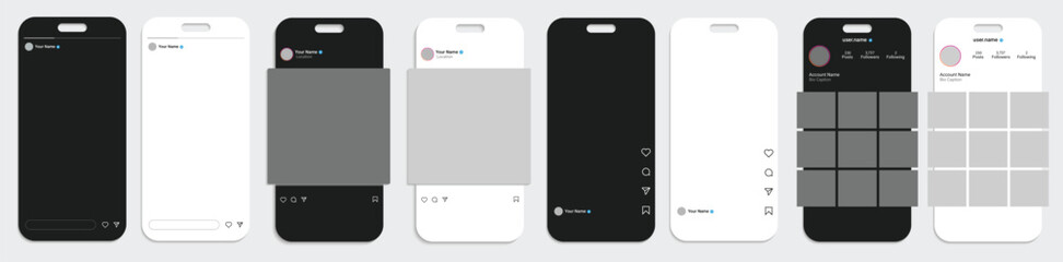 social media post template mockup. light and dark social media post, reel, story, live template app interface. vector illustration
