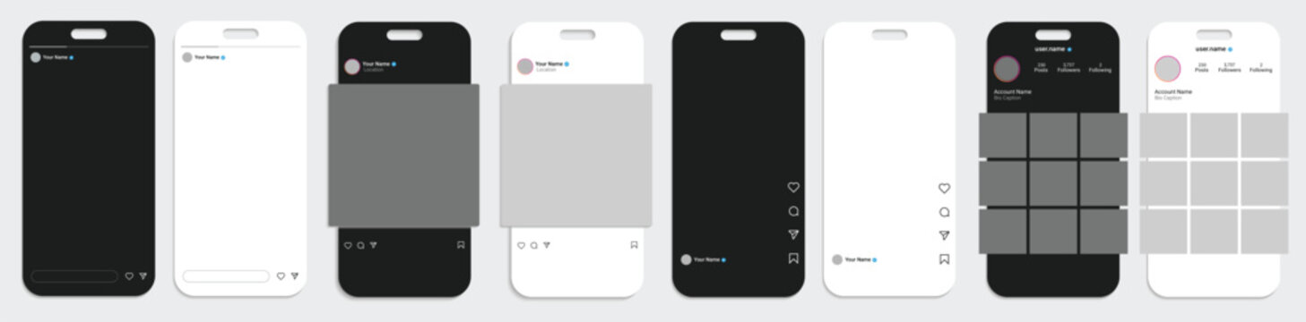 social media post template mockup. light and dark social media post, reel, story, live template app interface. vector illustration