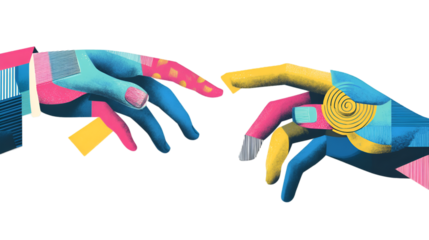 Colorful hands reaching out to each other in an abstract design isolated on transparent background