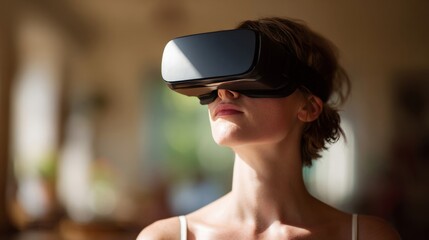 Fototapeta premium A young Caucasian woman immersed in virtual reality exploration, futuristic escapism, World VR Day, digital trance euphoria