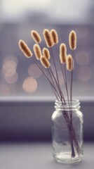 Naklejka premium Wheat-haired tufts dance in a glass jar, evoking Hygge's cozy charm and the whisper of Mabon festivities