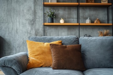 Close up of grey sofa with brown pillow against concrete wall with shelves. Loft home interior design of modern living room, Generative AI