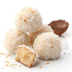 Delicious coconut candy pieces, neatly arranged and isolated on a white background.