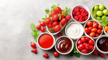 Variety of fresh fruits and sauces spread across a long table in an editorial style with bright overhead lighting