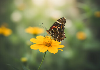 Obraz premium Butterfly on Yellow Flower | Close-up of Monarch Butterfly Resting on a Bright Yellow Zinnia Blossom in a Garden Setting for Nature and Spring Marketing