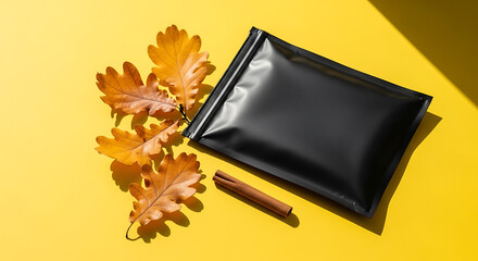 Autumnal Still Life - Black Pouch, Cinnamon Stick, and Oak Leaves on Sunny Yellow Background.