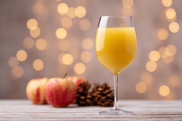 Sparkling cider flute amidst festive bokeh, autumn equinox elegance, harvest nostalgia, pinecone whispers, apple bounty celebration