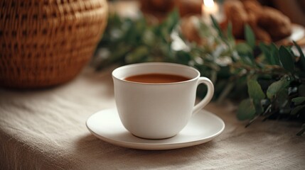 A steaming cappuccino sitting serenely on linen whispers cozy autumnal mornings, invoking Hygge vibes and National Coffee Day warmth