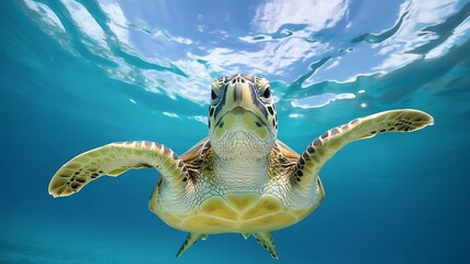 Obraz premium Green sea turtle swims gracefully in clear blue ocean water