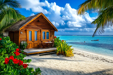 Tranquil tropical beach scene with a charming wooden bungalow and blue ocean water. Nature vacation getaway concept.