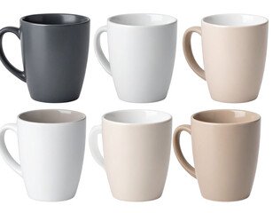 Set of Ceramic Coffee Mugs in Neutral Tones, Isolated PNG
