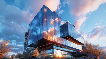Stunning modern architecture reflecting sunset in a vibrant glass building, perfect for business