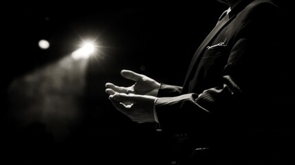 Man in Suit with Open Hands Under Dramatic Stage Spotlight