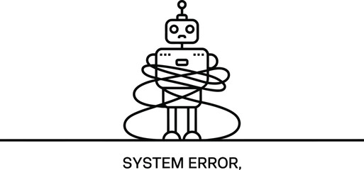 Fototapeta premium Robot system error illustration with tangled wires and sad face