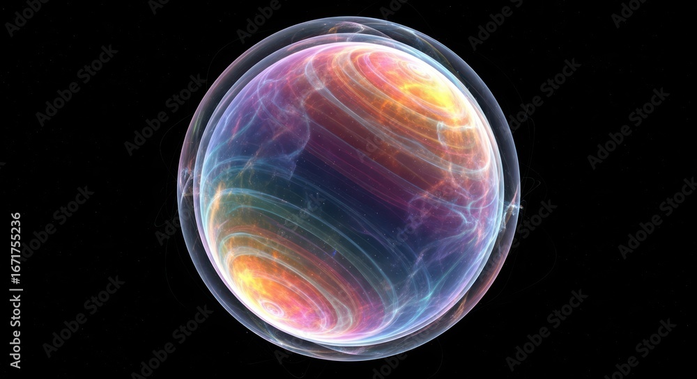 Poster dynamic spectrum sphere with vibrant hues and radiant layers on dark backdrop