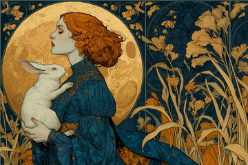Fantasy girl with rabbit under full moon, art nouveau vintage style 

