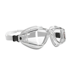 Close up of clear goggles with white strap and black accents on a black background in studio lighting