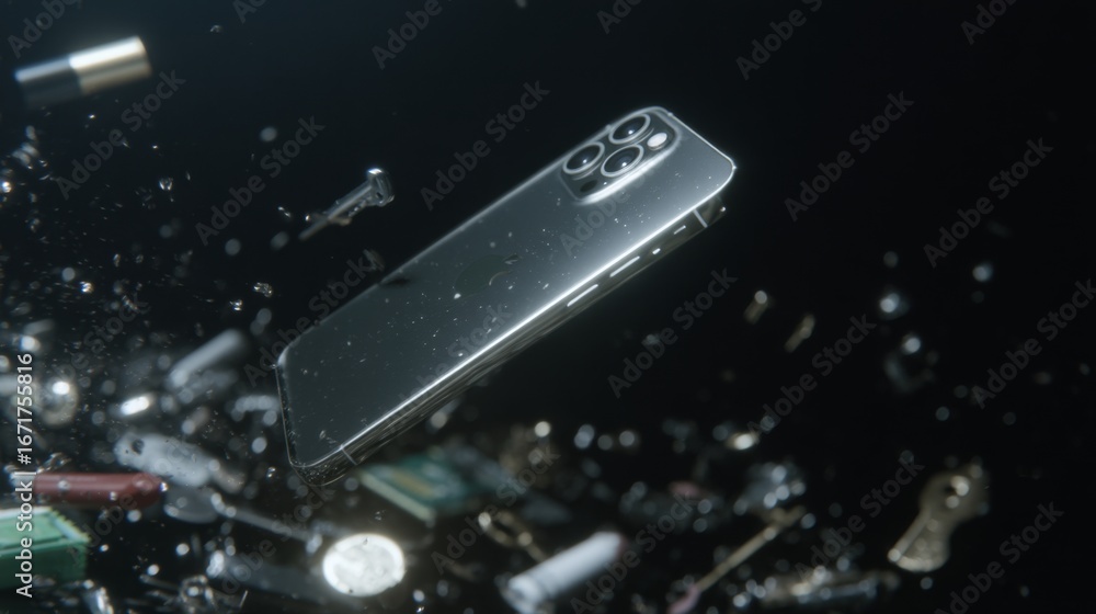 Poster a sleek smartphone floating amidst scattered objects in a dark environment. the image captures a mod