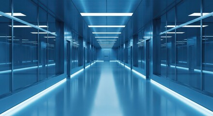 Fototapeta premium Futuristic monochromatic blue interior corridor with repeating doors and lights