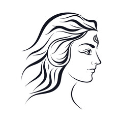 Elegant Line Art Depiction of a Woman's Profile with Flowing Hair and Serene Expression in Minimalist Style Illustration
