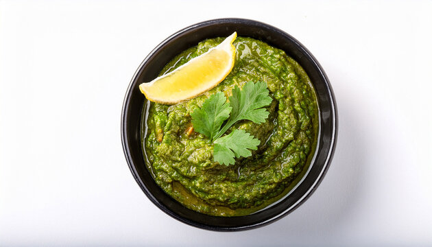 top view of green chutney in a black bowl featuring mint coriander lemon and green chili isolated on white