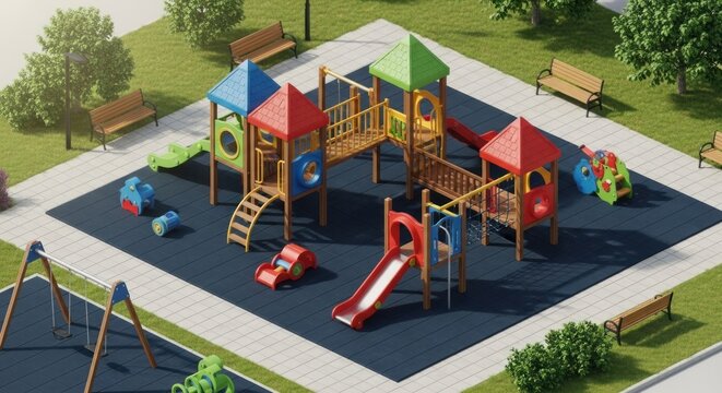 Colorful playground in a city park with various play structures, slides, and climbing features.  Surrounded by benches, trees, and other park amenities