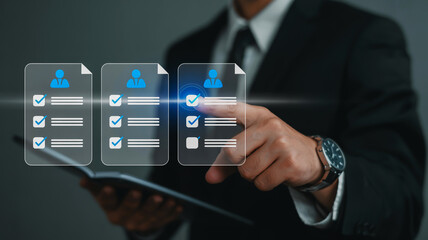 Businessman interacting with digital interface showing candidate list with checkmarks technology checklist