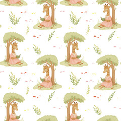 Seamless watercolor pattern with giraffe in dress reading a book under a tree on transparent background