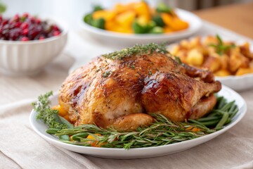 Roasted chicken with herbs on top of a white plate.