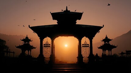 Silhouetted temple gate (torana) framed against sunrise, majestic