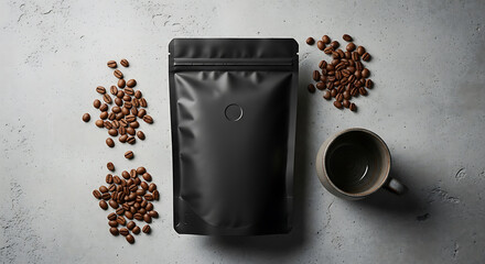 Minimalist Black Pouch of Coffee Beans with Scattered Beans and Cup on Textured Surface.