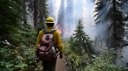 Firefighter walking on a forest trail near a wildfire in a mountainous region during the day