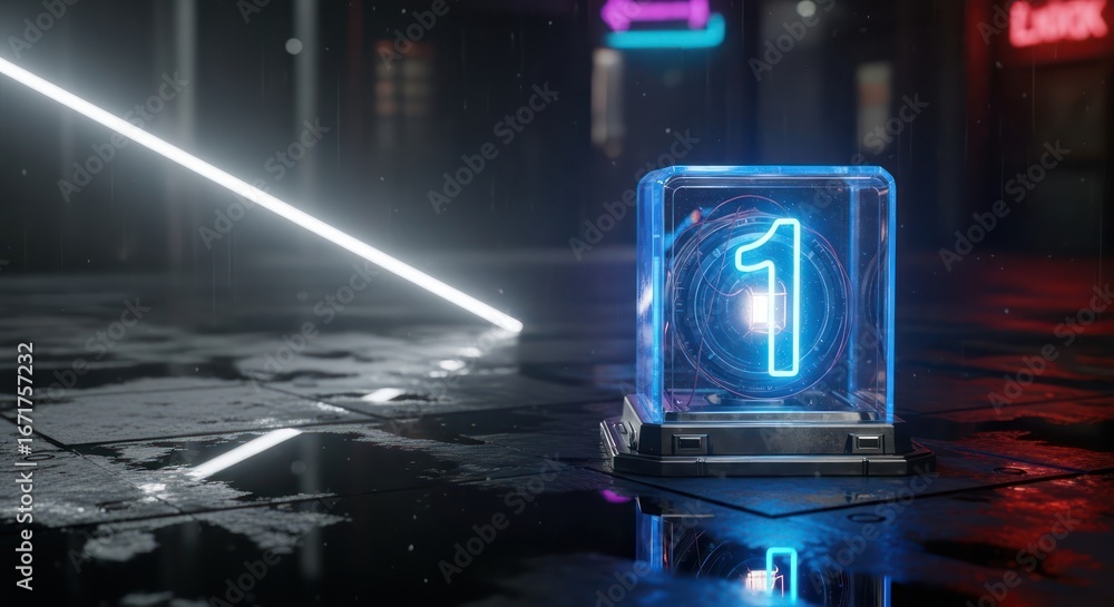 Poster neon number one display in a wet futuristic setting with atmospheric lighting