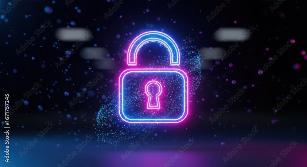Poster neon lock symbol with particle stream representing digital safety and security