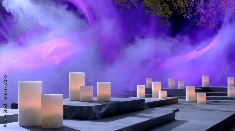 Aufkleber ethereal scene with glowing candles on stone steps surrounded by swirling purple mist, creating a my