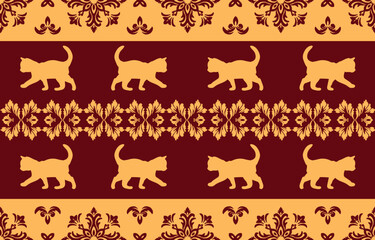 Cat ethnic pattern design. white stripes, colorful background.Design for wallpaper,carpet, clothing, fashion, fabric.
