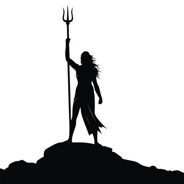 Silhouette of a Powerful Woman Holding a Trident Atop a Hill, A Symbol of Strength and Determination, Against a White Backdrop