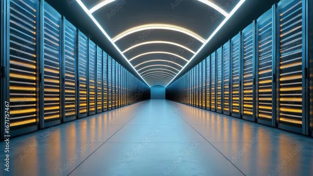 Poster futuristic data center featuring illuminated server technology and modern architecture design