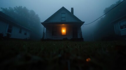 Mysterious luminous house amidst dense fog evokes a sense of eerie anticipation