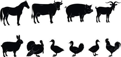 Farm animal silhouettes set, horse, cow, pig, goat, sheep, rabbit, turkey, duck, goose, rooster, black vector illustration