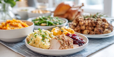 Table with a variety of food including mashed potatoes, green beans.