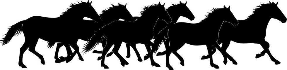 Herd of horses gallops fast. Image silhouette. Wild and domestic animals. Isolated on white background. Vector
