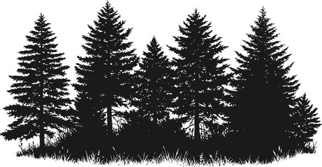 Fototapeta premium Overgrown patch. Coniferous forest with firs and pines. Landscape with trees and grass. Silhouette picture. Isolated on white background. Vector. 