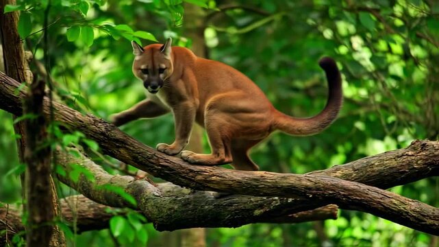 Puma in a lush rainforest canopy