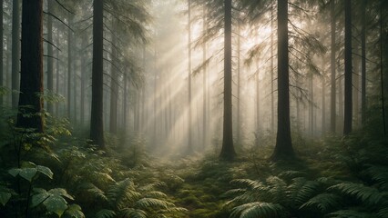 Fototapeta premium Misty Forest Morning with Sunlight Rays Through Trees