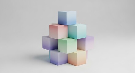 Obraz premium Stack of Pastel Gradient Colored Cubes Against a Light Grey Background Perfect for Abstract Design and Modern Art Projects and Creative Content Creation