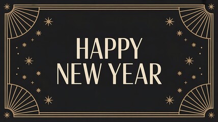 Happy new year text with art deco border and stars